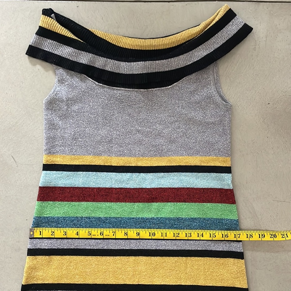 Striped Metallic Knit Off-Shoulder Dress in Yellow & Silver - Picture 7 of 10